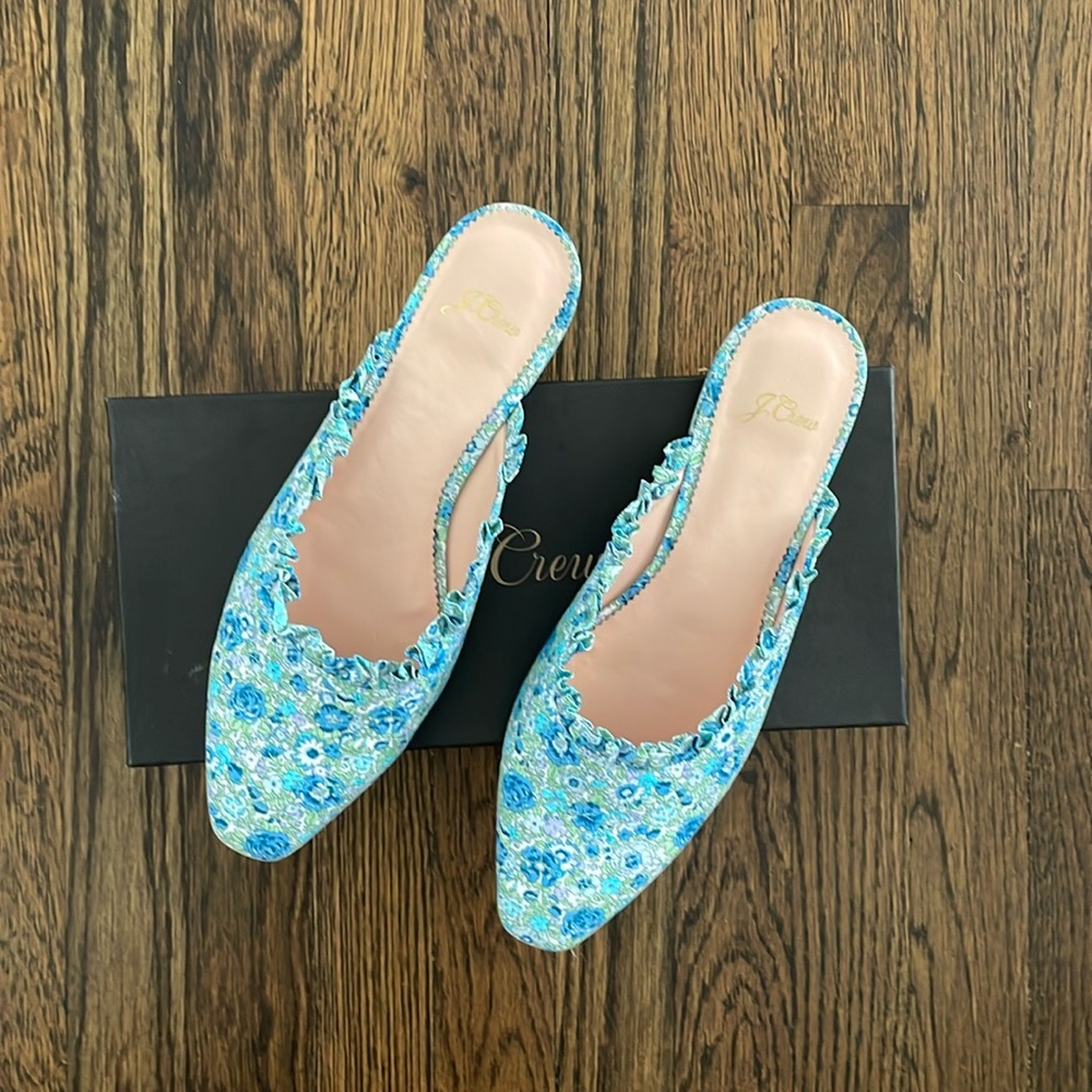 J. Crew Blue and Green Mules with Floral Design